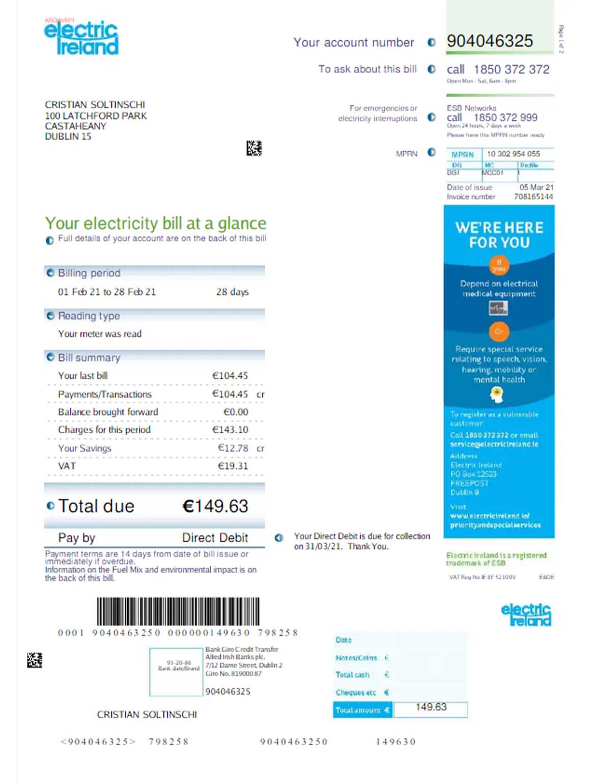 IRELAND ELECTRIC IRELAND utility bill, PDF and Word download template